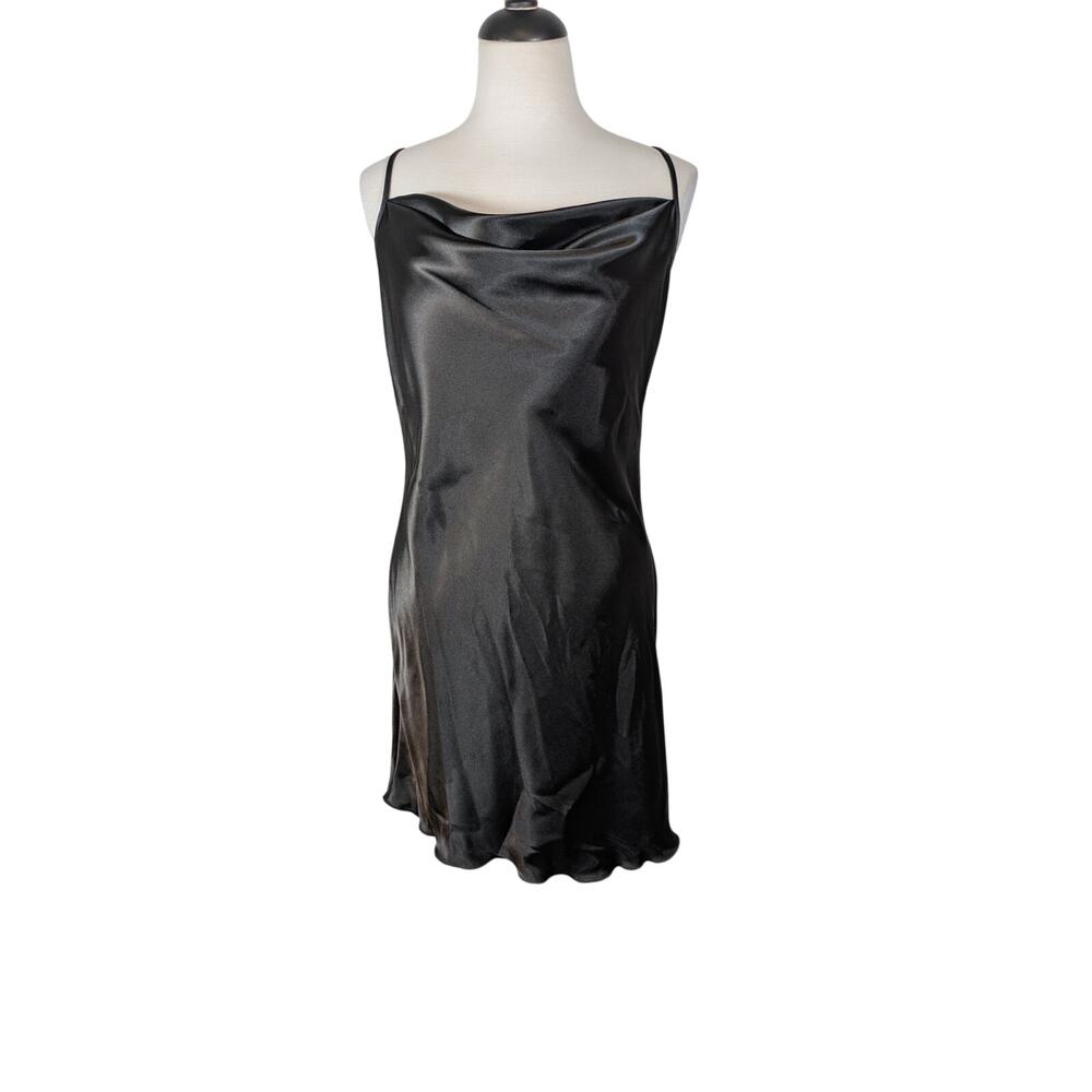 Bebe Y2K Large Black Slip Dress Spaghetti Strap Satin Feel Ruffle Hem